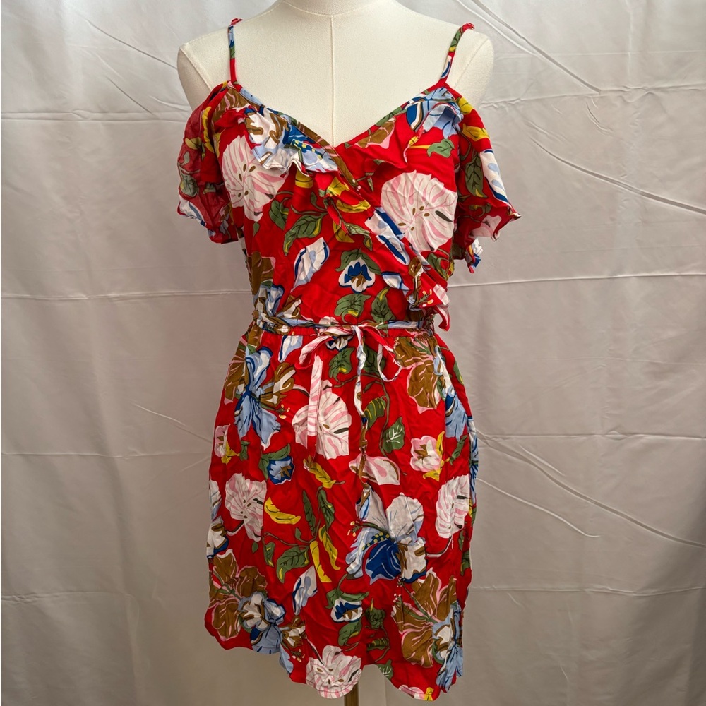 Candie’s Red‎ Tropical Floral Dress Cold Shoulder Ruffle Wrap Style Size S